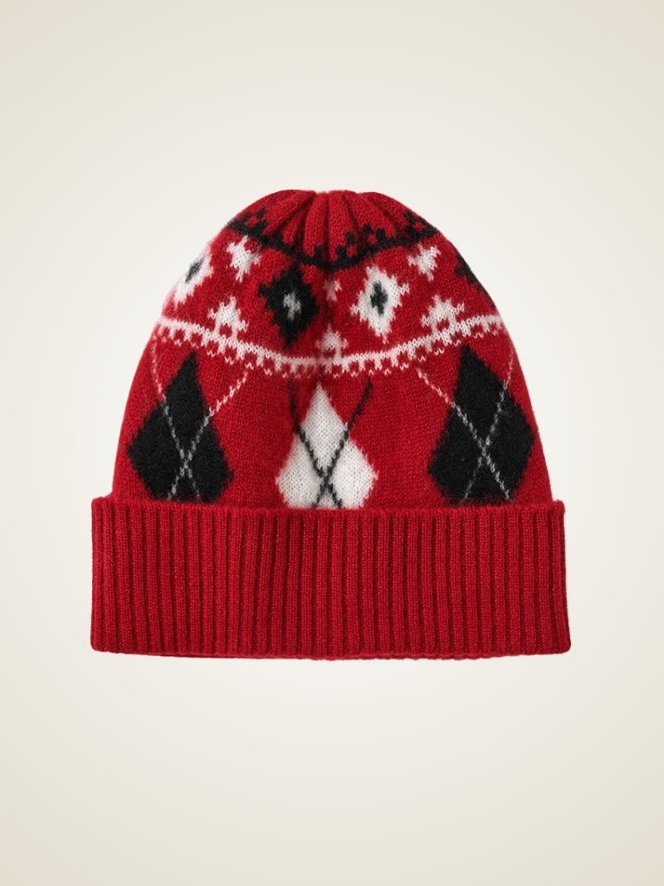 Janina - Red Argyle Cashmere Beanie | The Cashmere Studio