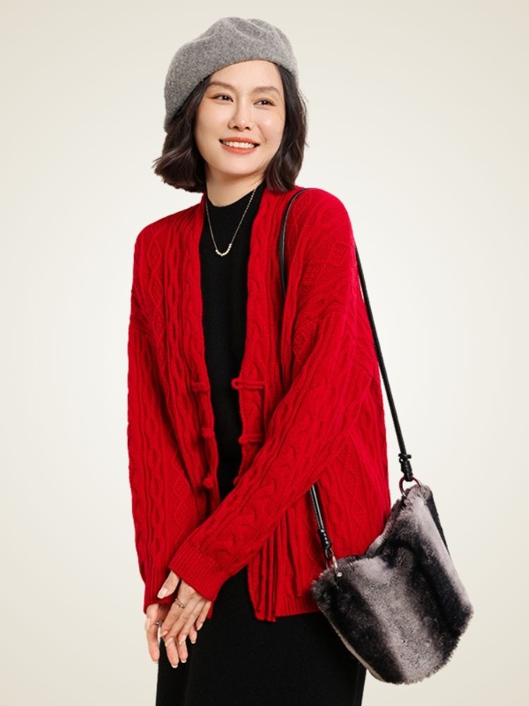 Azelis - Red Cable-Knit Cashmere Cardigan | The Cashmere Studio