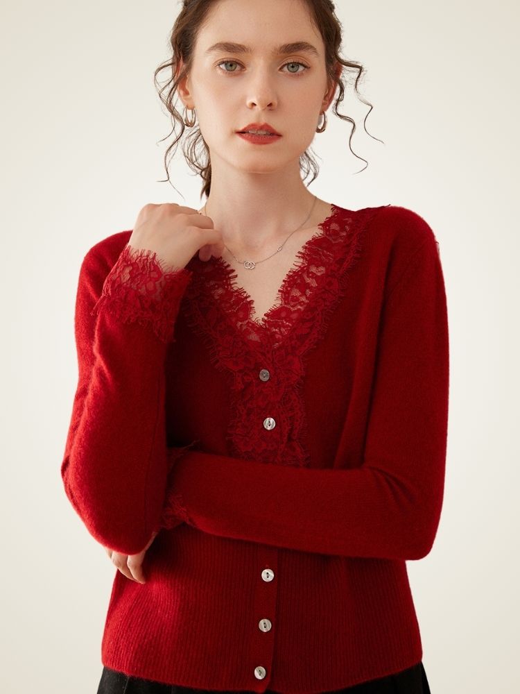 Brooke - Red Lace Collar Cashmere Cardigan | The Cashmere Studio