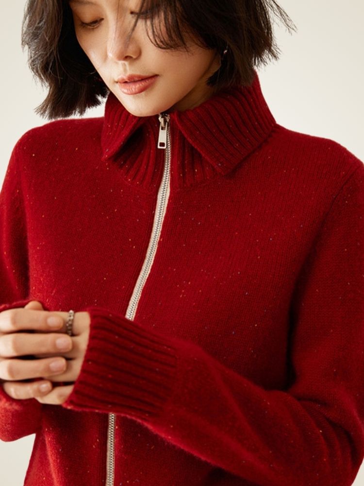 Levana - Red Heather Polo Collar Cashmere Cardigan | The Cashmere Studio