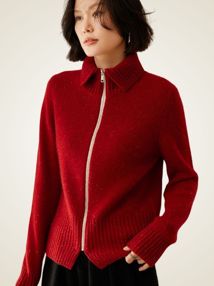 Levana - Red Heather Polo Collar Cashmere Cardigan | The Cashmere Studio