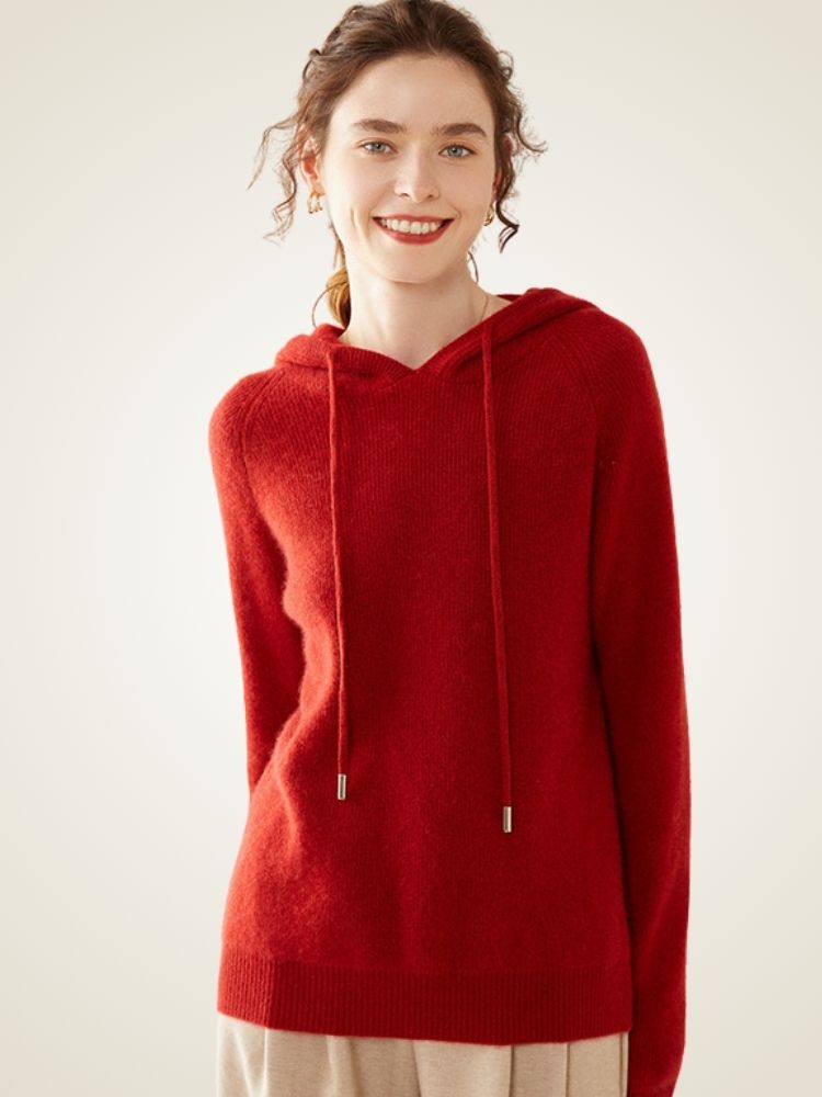 Colleen - Red Ribbed Cashmere Hoodie | The Cashmere Studio