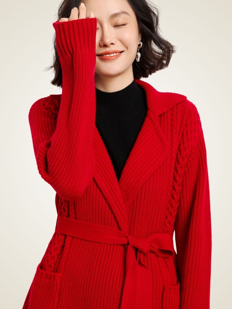 Elda - Red Belted Cashmere Cardigan | The Cashmere Studio