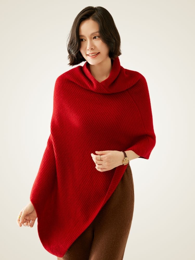 Ellina - Red Ribbed Cashmere Poncho | The Cashmere Studio