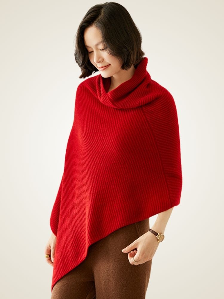 Ellina - Red Ribbed Cashmere Poncho | The Cashmere Studio