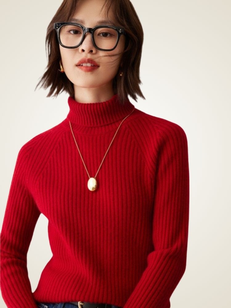 Loretta - Red Ribbed Cashmere Turtleneck | The Cashmere Studio