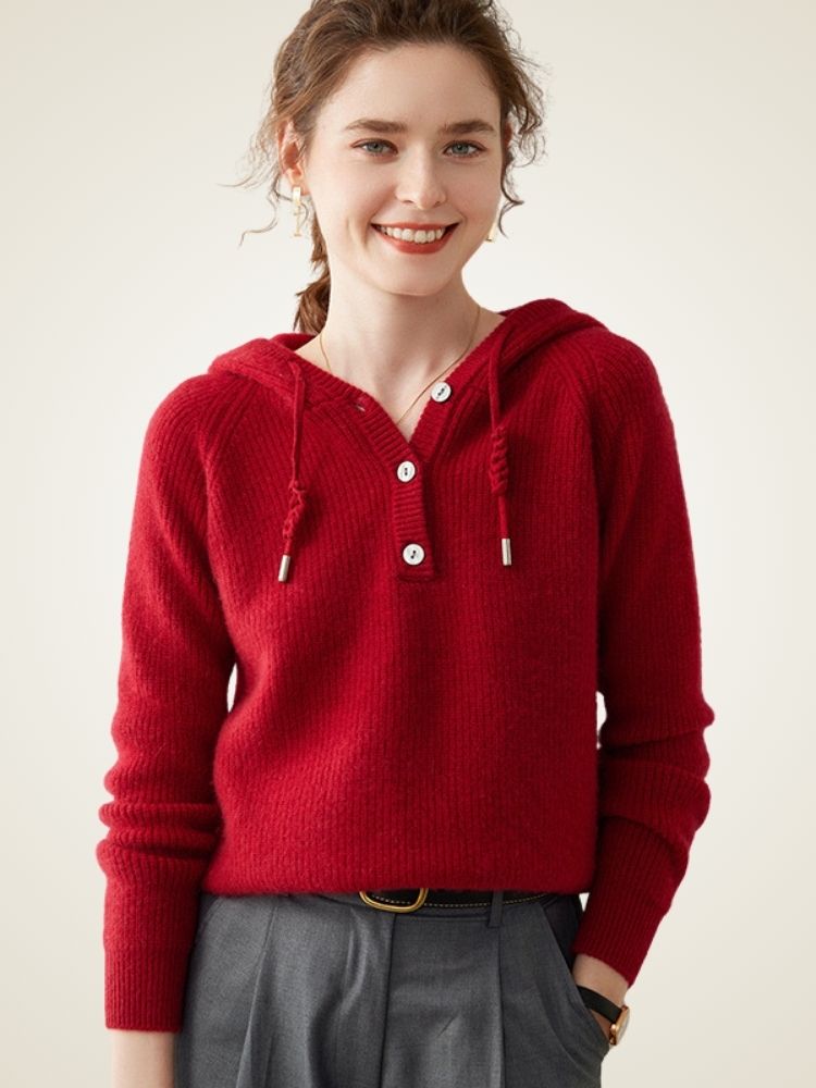 Analina - Red Buttoned Cashmere Hoodie | The Cashmere Studio