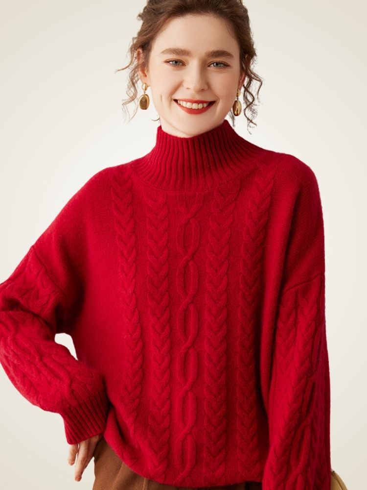 Odessa - Red Cable-Knit Cashmere Turtleneck | The Cashmere Studio