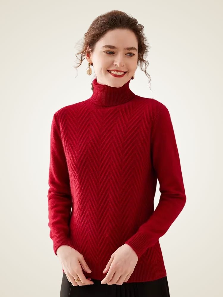 Astrid - Red Chevron Cashmere Turtleneck | The Cashmere Studio