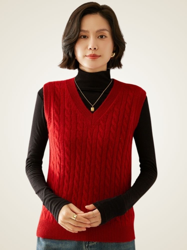 Marlene - Red Cable-Knit Cashmere Vest | The Cashmere Studio
