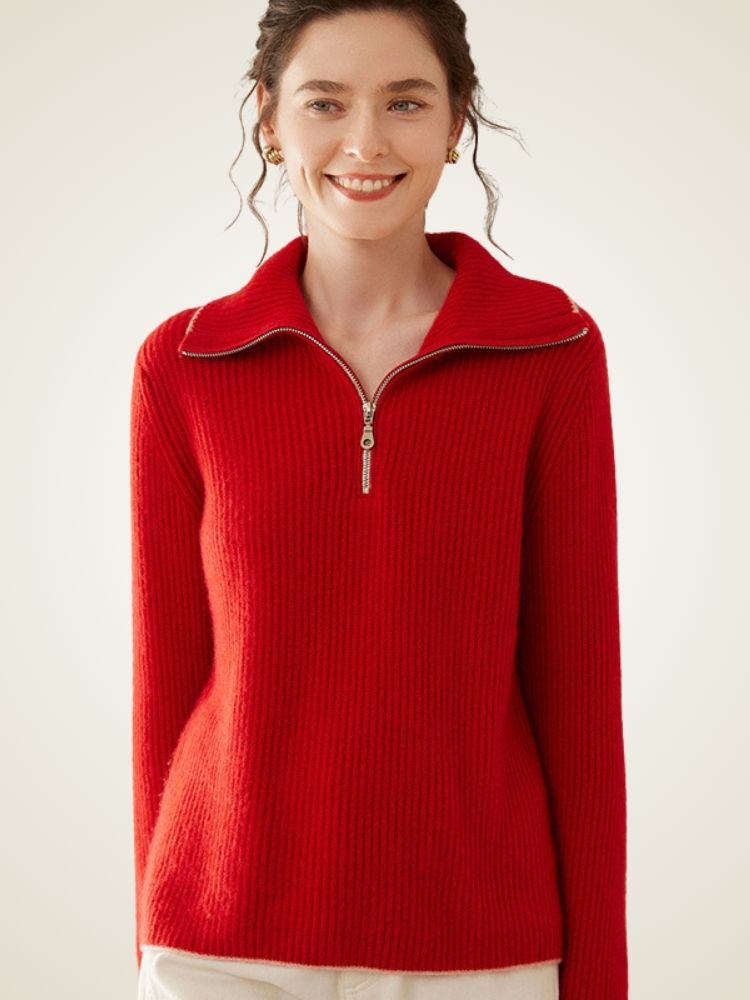Opal - Red Half-Zip Cashmere Sweater | The Cashmere Studio