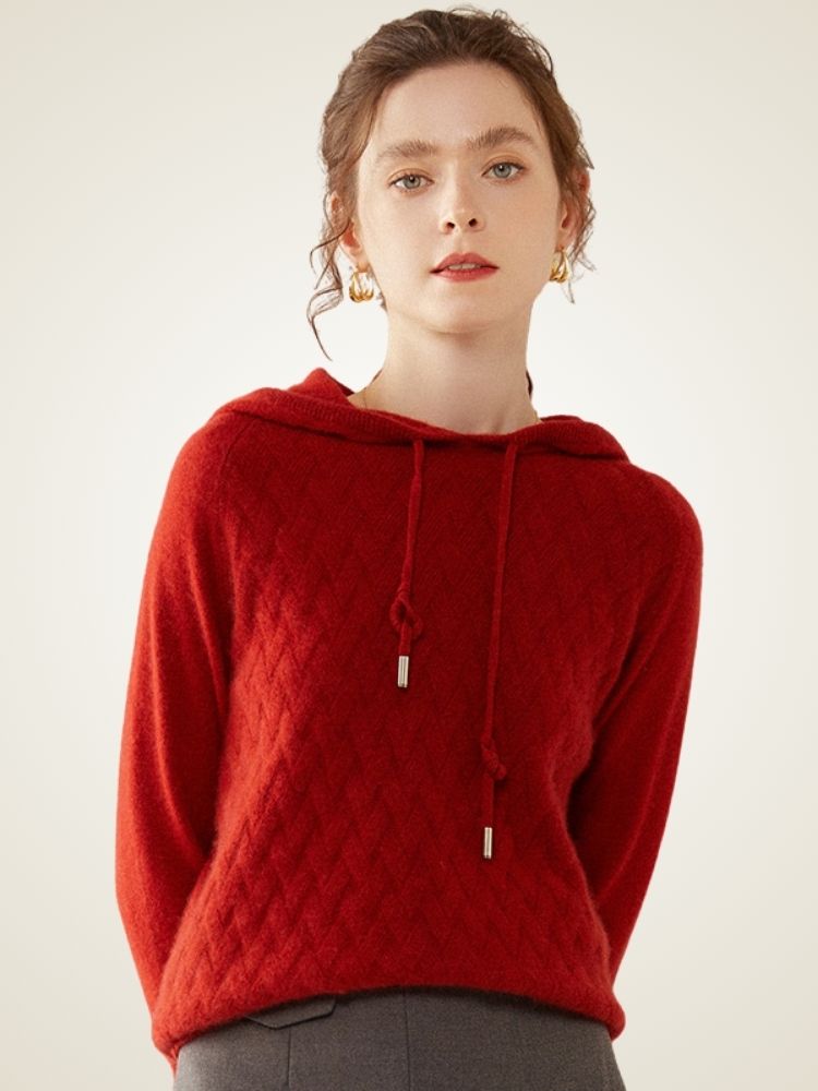 Amelise - Red Chevron Knitted Cashmere Hoodie | The Cashmere Studio