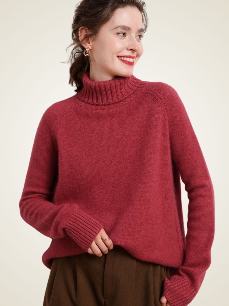 Melina - Red Ribbed Cashmere Turtleneck | The Cashmere Studio