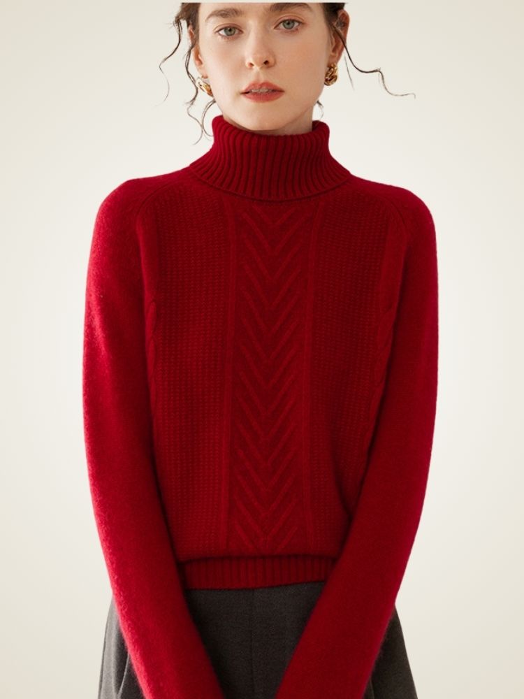 Lucinda - Red Textured Cashmere Turtleneck | The Cashmere Studio
