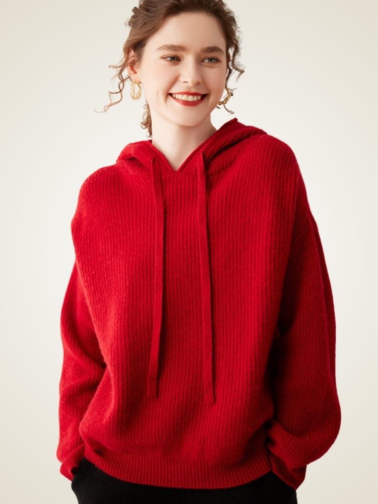 Johanna - Red Ribbed Cashmere Hoodie | The Cashmere Studio