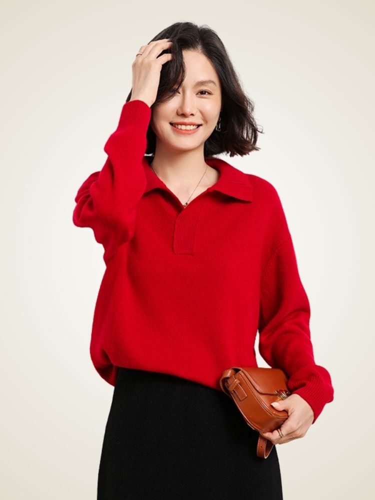 Indessa - Red Collared Cashmere Pullover | The Cashmere Studio