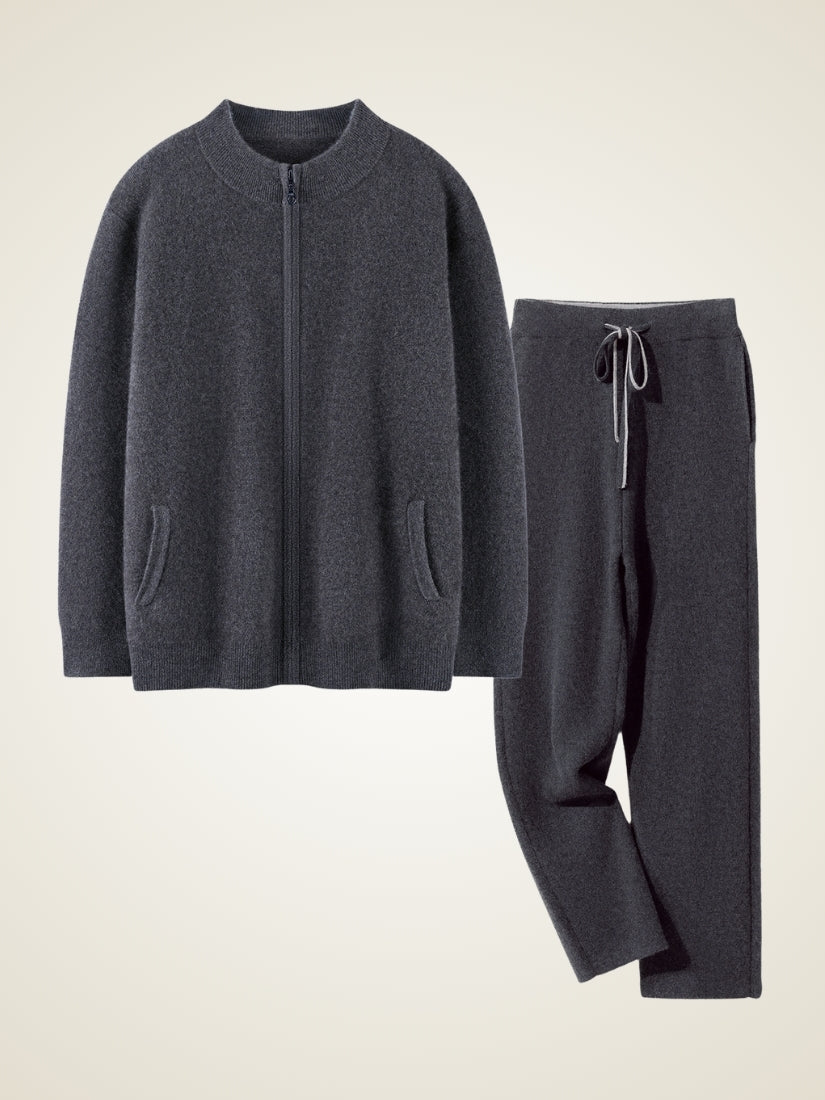 Silian — Dark Gray Cashmere Zip-Up Cardigan & Relaxed Pants Set | The Cashmere Studio