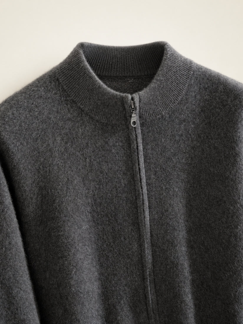 Silian — Dark Gray Cashmere Cardigan Stand Collar & Zip Detail | The Cashmere Studio