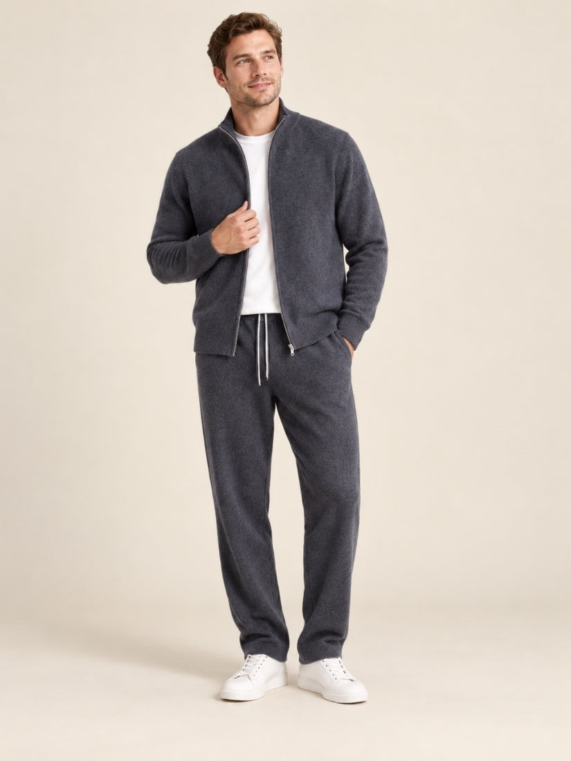 Silian — Dark Gray Cashmere Zip-Up Cardigan & Relaxed Pants Set | The Cashmere Studio