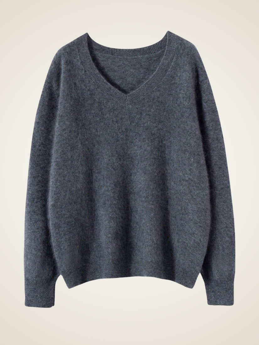 Sylviane — Dark Gray Brushed V-Neck Cashmere Sweater | The Cashmere Studio