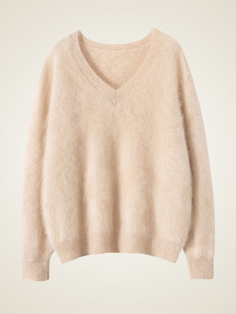 Sylviane — Beige Brushed V-Neck Cashmere Sweater | The Cashmere Studio