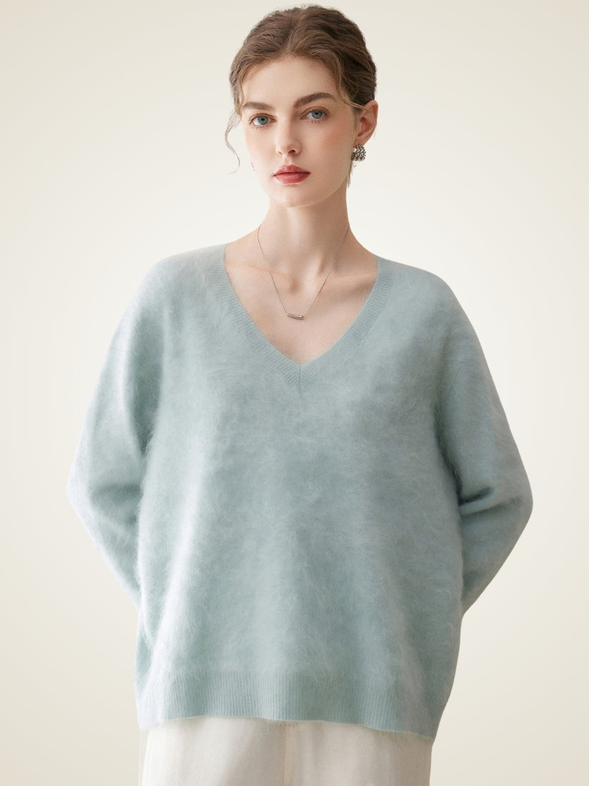 Sylviane — Light Blue Brushed V-Neck Cashmere Sweater | The Cashmere Studio
