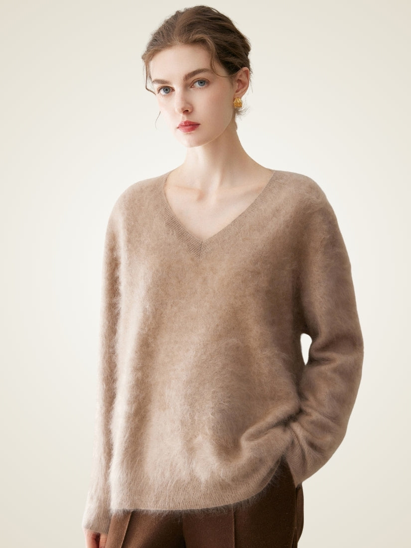Sylviane — Taupe Brushed V-Neck Cashmere Sweater | The Cashmere Studio