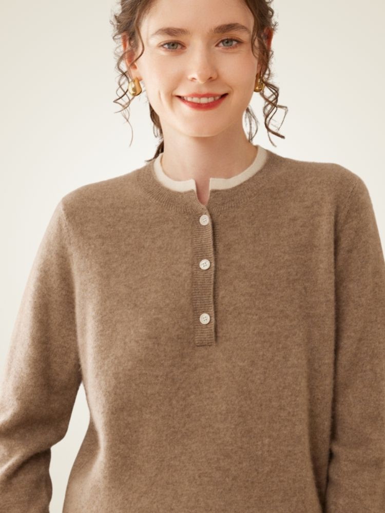 Zephara - Taupe Classic Cashmere Henley Sweater | The Cashmere Studio