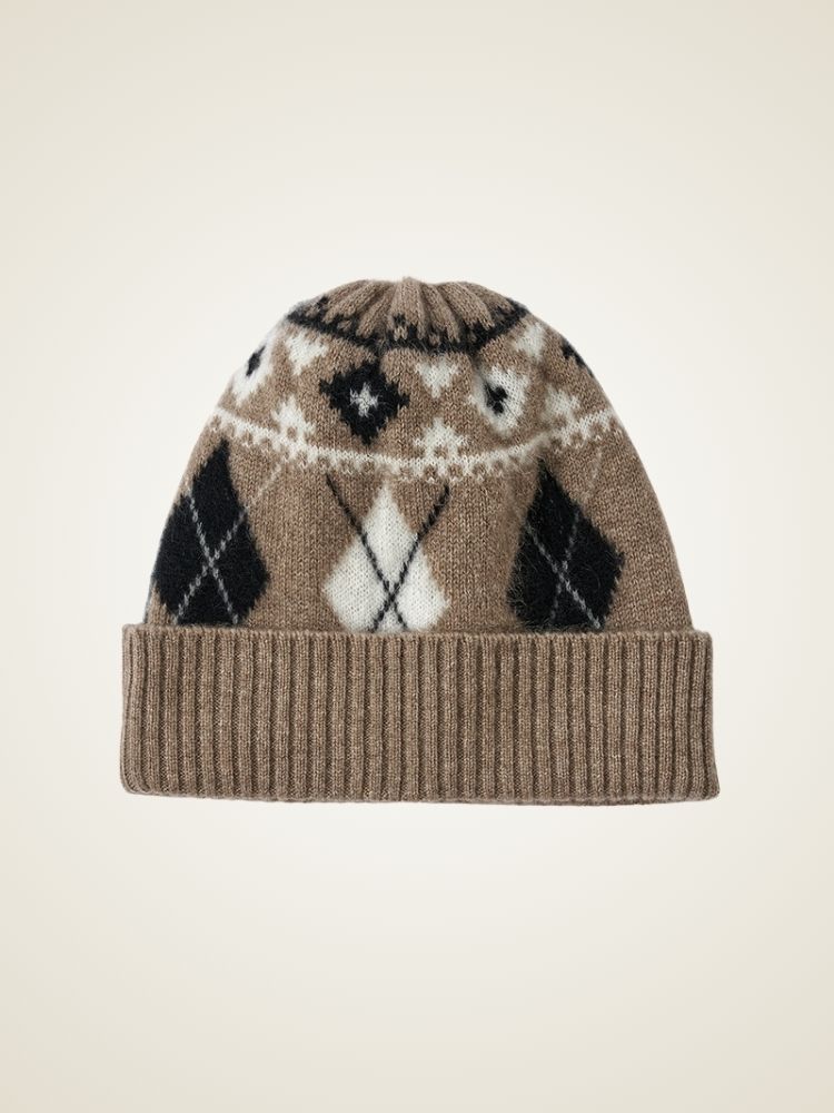 Janina - Taupe Argyle Cashmere Beanie | The Cashmere Studio
