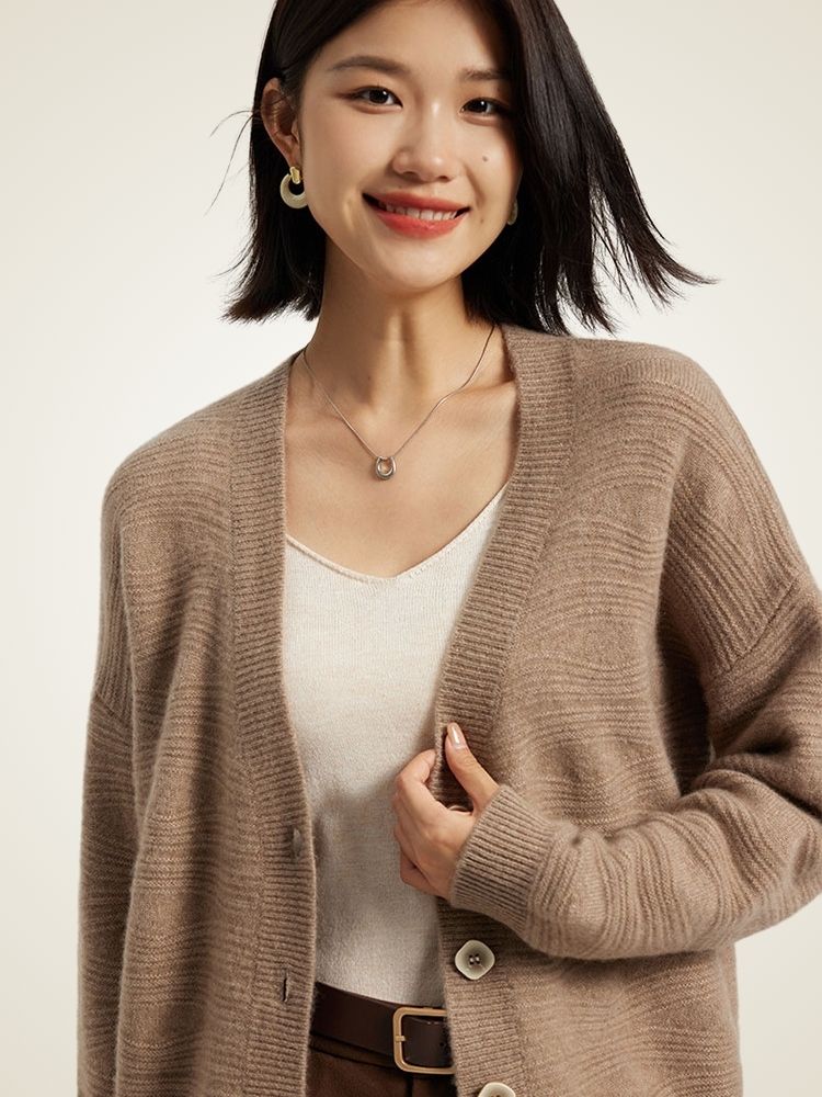 Raisa - Taupe V-Neck Textured Cashmere Cardigan | The Cashmere Studio
