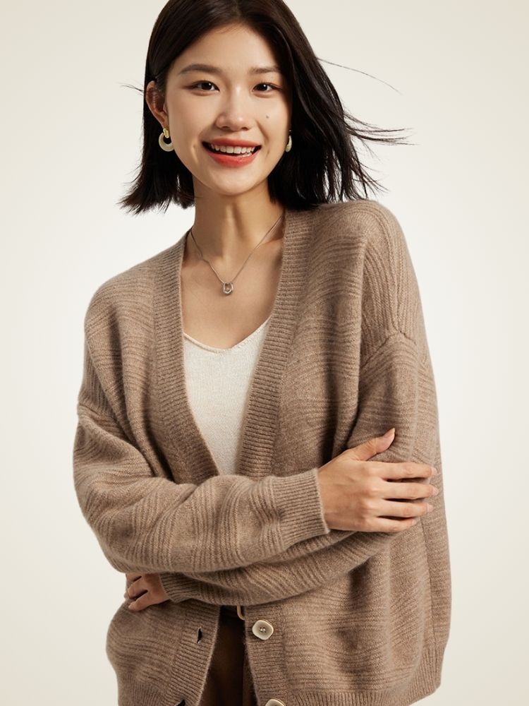 Raisa - Taupe V-Neck Textured Cashmere Cardigan | The Cashmere Studio