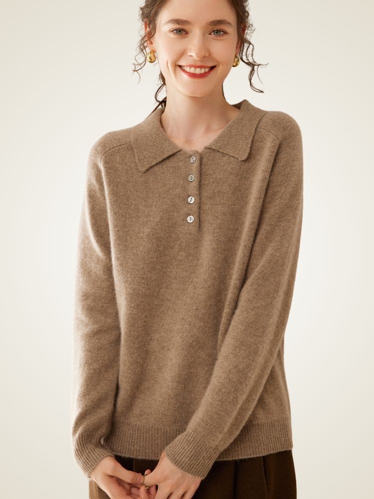 Estelara - Taupe Cashmere Polo Sweater |  The Cashmere Studio