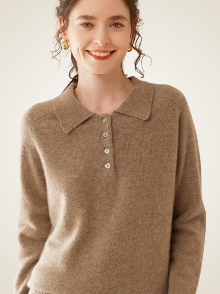 Estelara - Taupe Cashmere Polo Sweater |  The Cashmere Studio