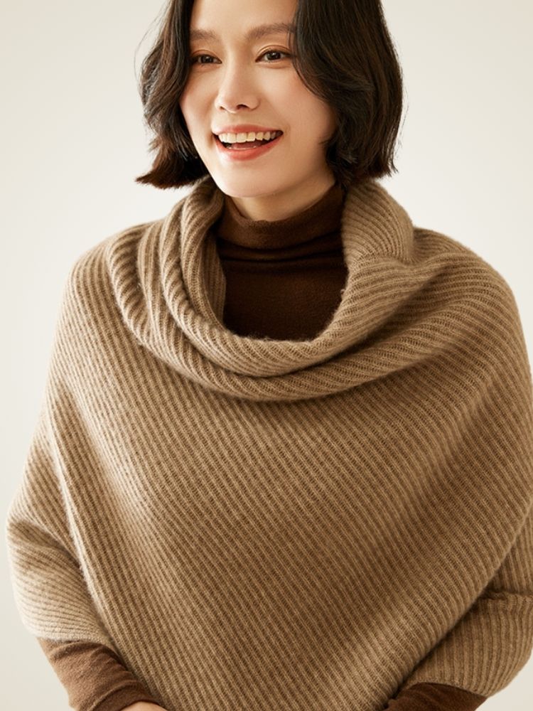 Ellina - Taupe Ribbed Cashmere Poncho | The Cashmere Studio