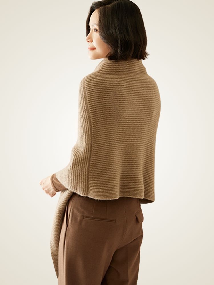 Ellina - Taupe Ribbed Cashmere Poncho | The Cashmere Studio