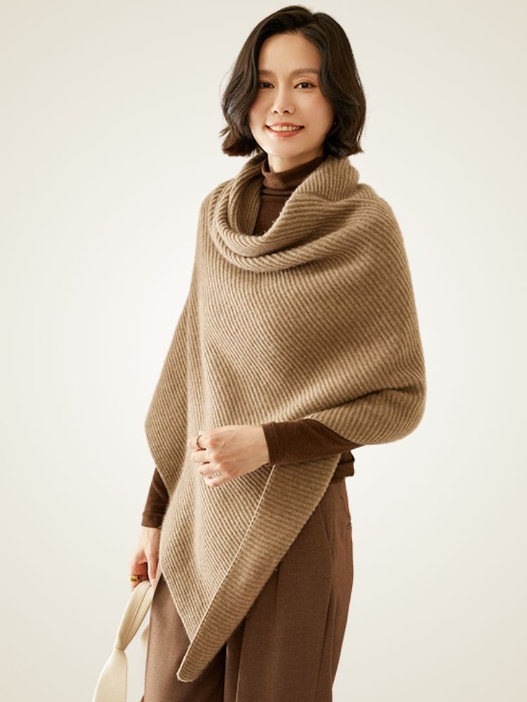 Ellina - Taupe Ribbed Cashmere Poncho | The Cashmere Studio