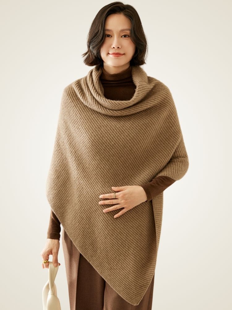 Ellina - Taupe Ribbed Cashmere Poncho | The Cashmere Studio