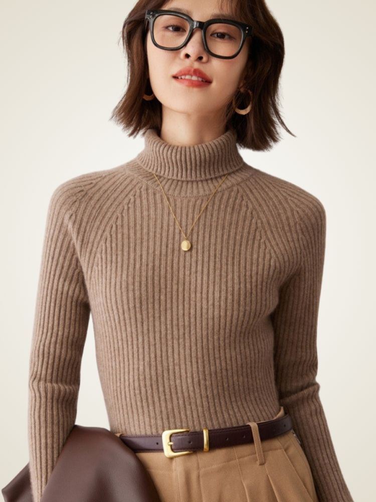 Loretta - Taupe Ribbed Cashmere Turtleneck | The Cashmere Studio