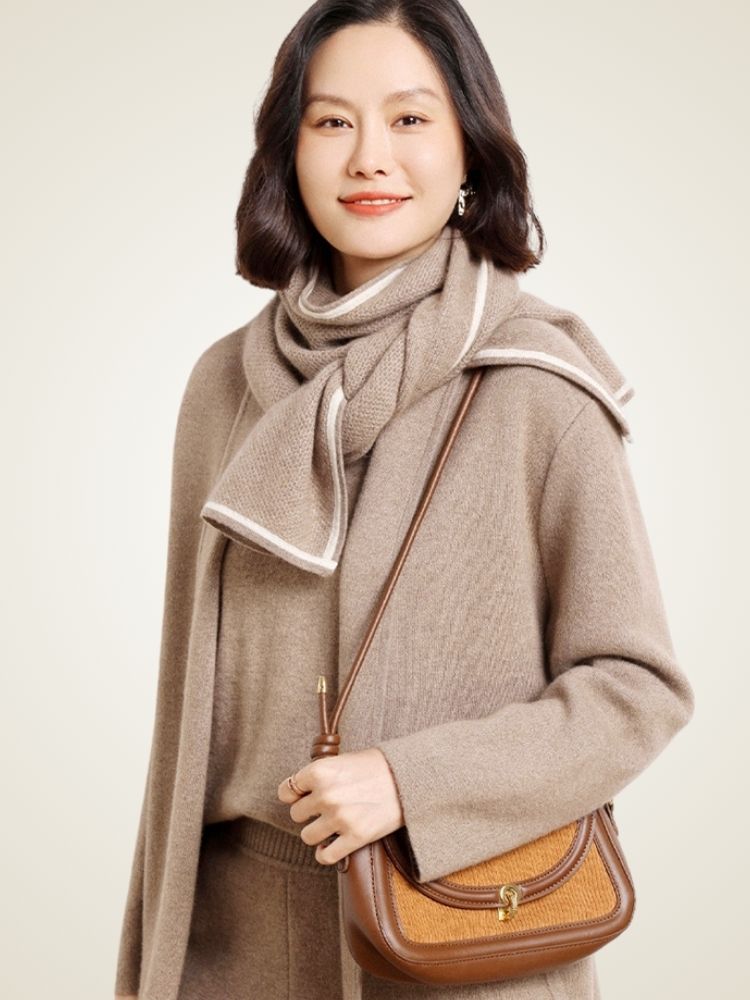 Valie - Taupe Honeycomb Cashmere Scarf | The Cashmere Studio