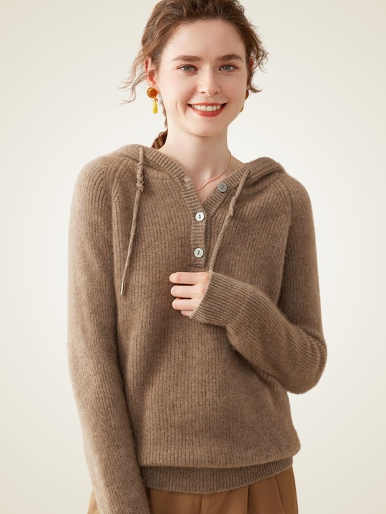 Analina - Taupe Buttoned Cashmere Hoodie | The Cashmere Studio