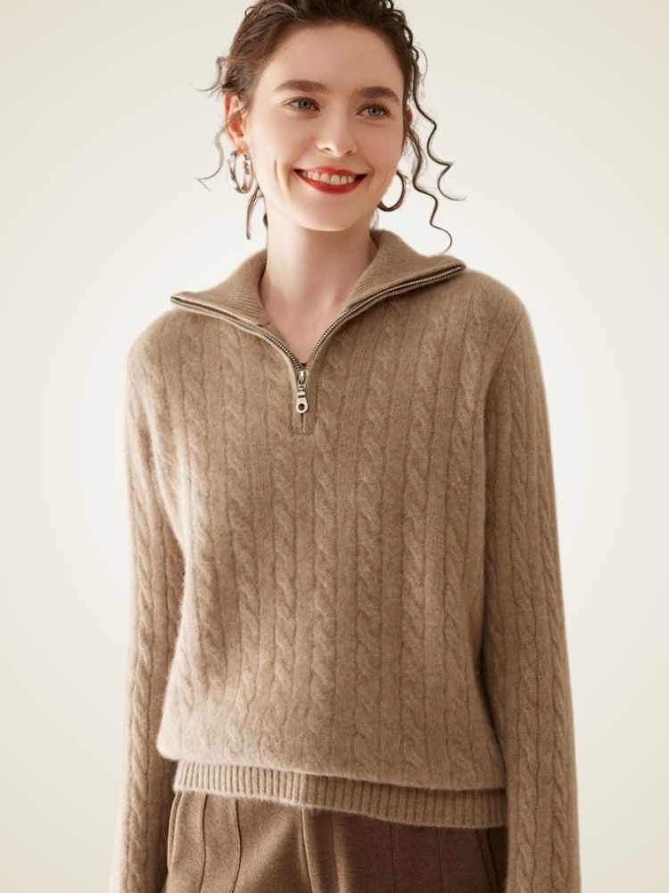 Milana - Camel Half-Zip Cashmere Sweater | The Cashmere Studio