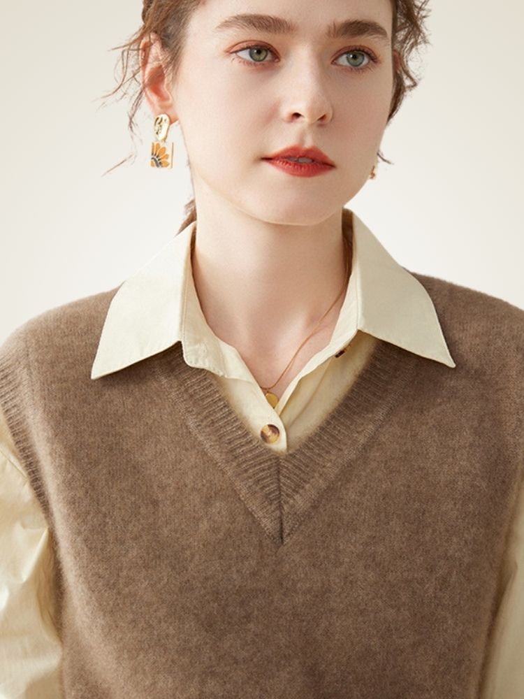 Lorene - Taupe Classic Cashmere Vest | The Cashmere Studio