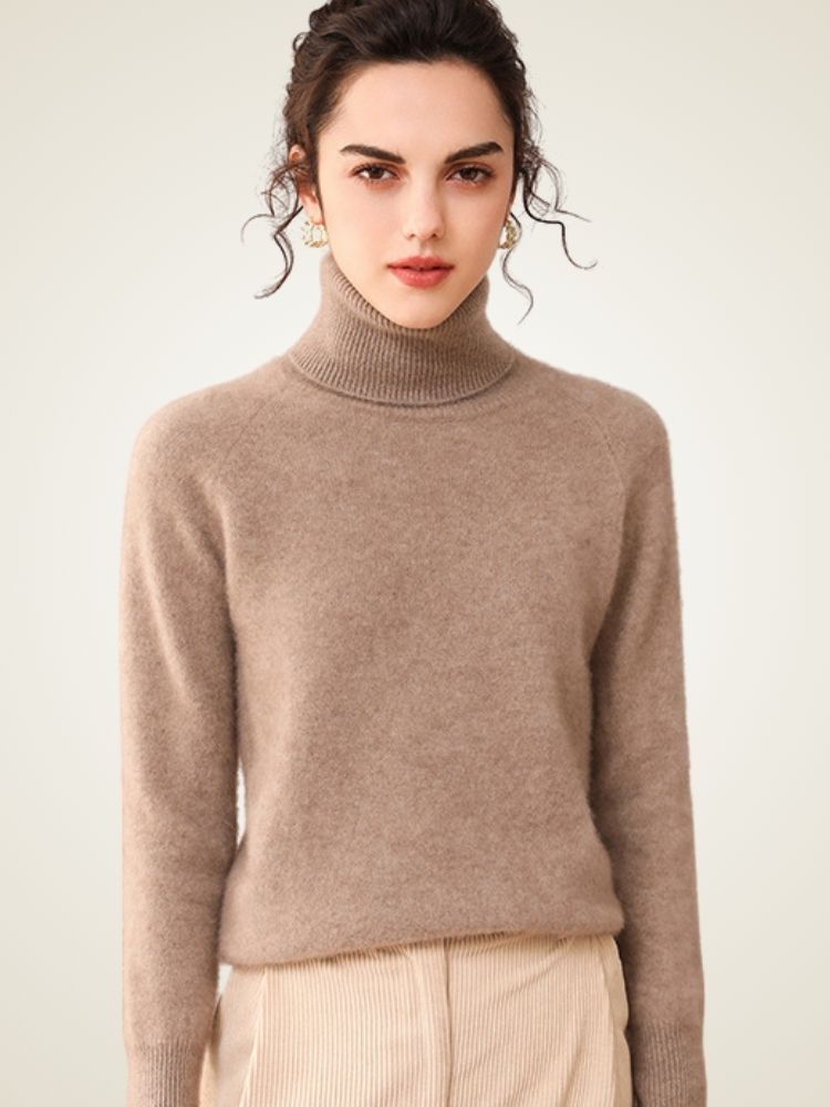 Perla - Taupe High Turtleneck Cashmere Sweater | The Cashmere Studio