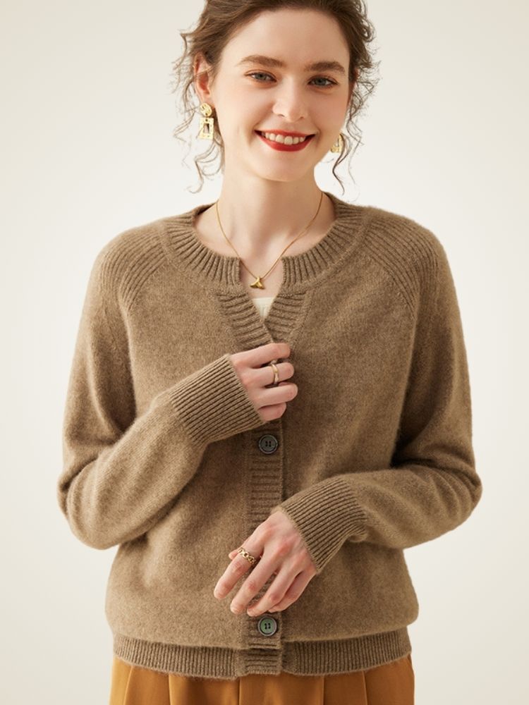 Celestia - Taupe Buttoned Cashmere Cardigan | The Cashmere Studio