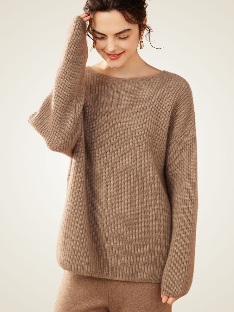 Elowith - Taupe Ribbed Cashmere Sweater | The Cashmere Studio