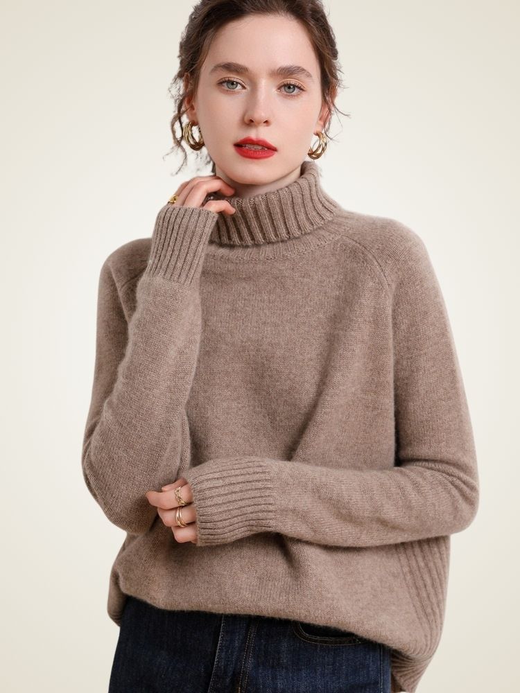 Melina - Taupe Ribbed Cashmere Turtleneck | The Cashmere Studio