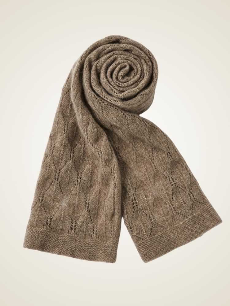 Alie - Taupe Lace-Knit Cashmere Scarf | The Cashmere Studio