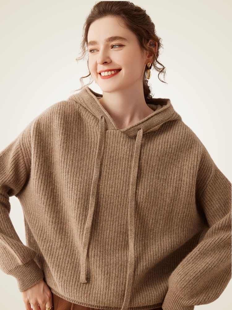 Johanna - Taupe Ribbed Cashmere Hoodie | The Cashmere Studio
