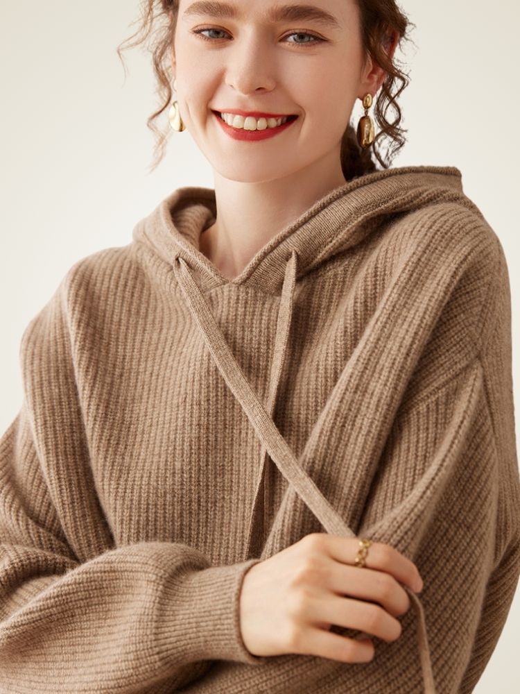 Johanna - Taupe Ribbed Cashmere Hoodie | The Cashmere Studio