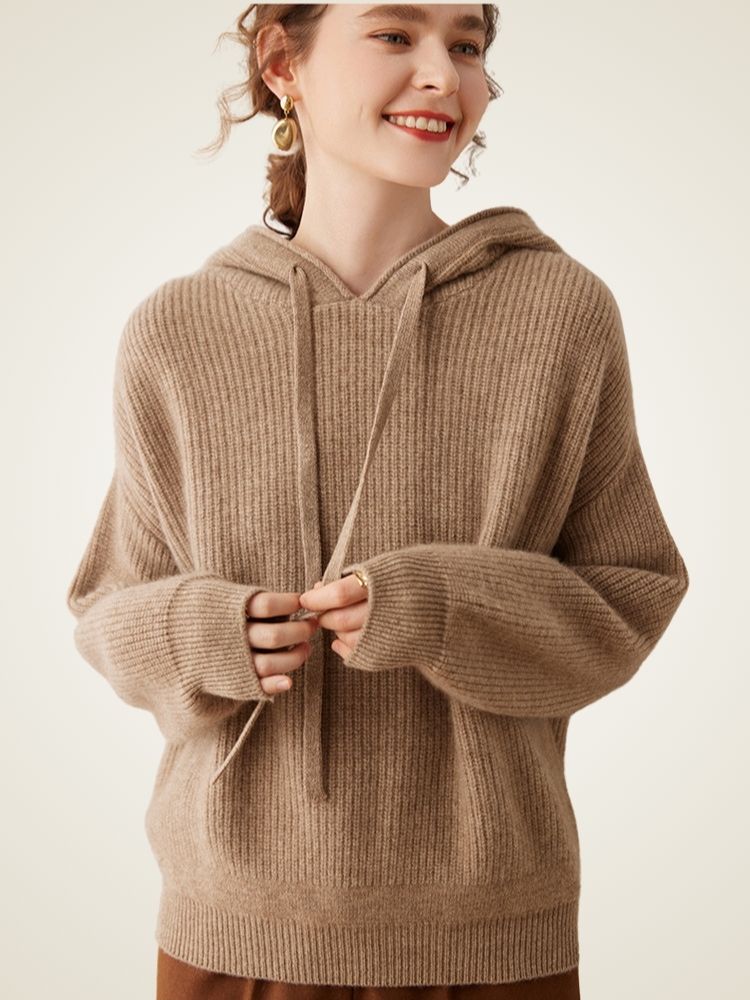 Johanna - Taupe Ribbed Cashmere Hoodie | The Cashmere Studio